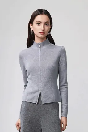 100 Merino Wool Double Zipper Stand Collar Cardigan