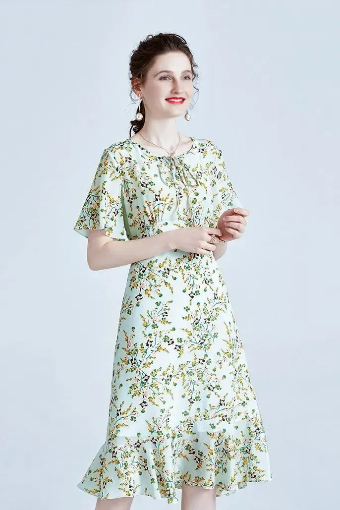100 Mulberry Silk Short Sleeve Floral Midi Dress