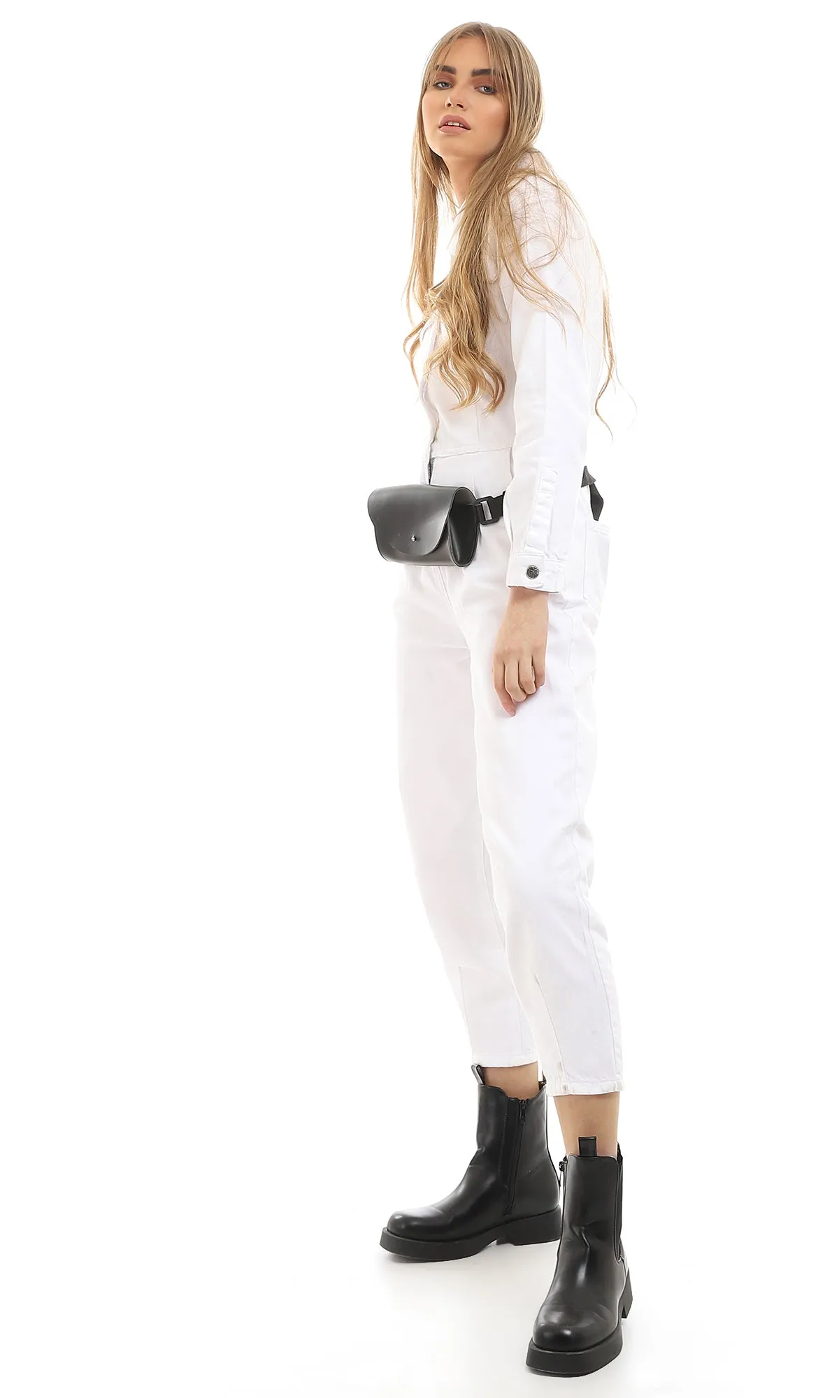 96156 Multi-Pockts Buttoned Long Sleeves White Denim Jumpsuit