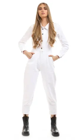 96156 Multi-Pockts Buttoned Long Sleeves White Denim Jumpsuit