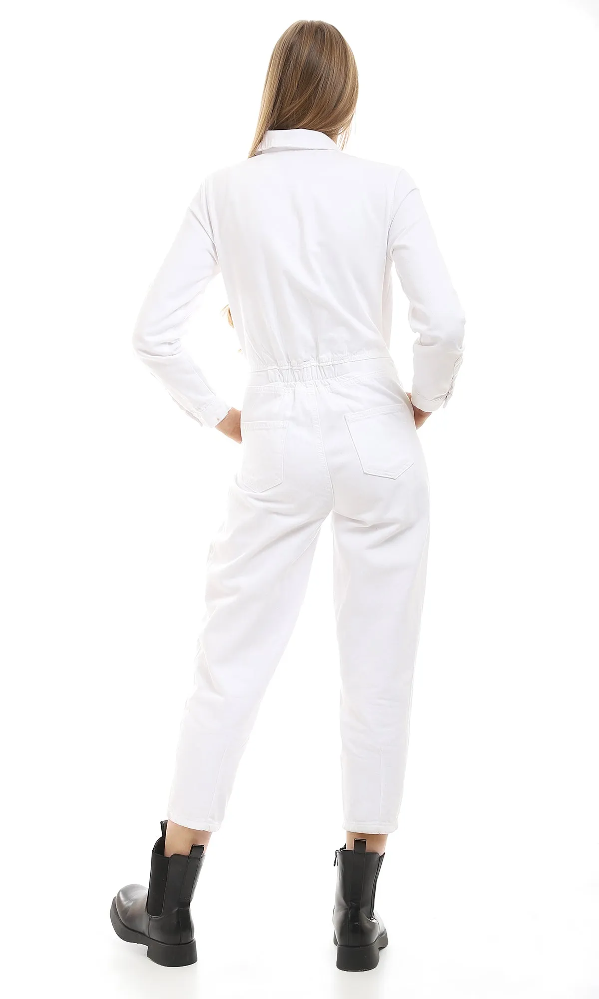 96156 Multi-Pockts Buttoned Long Sleeves White Denim Jumpsuit