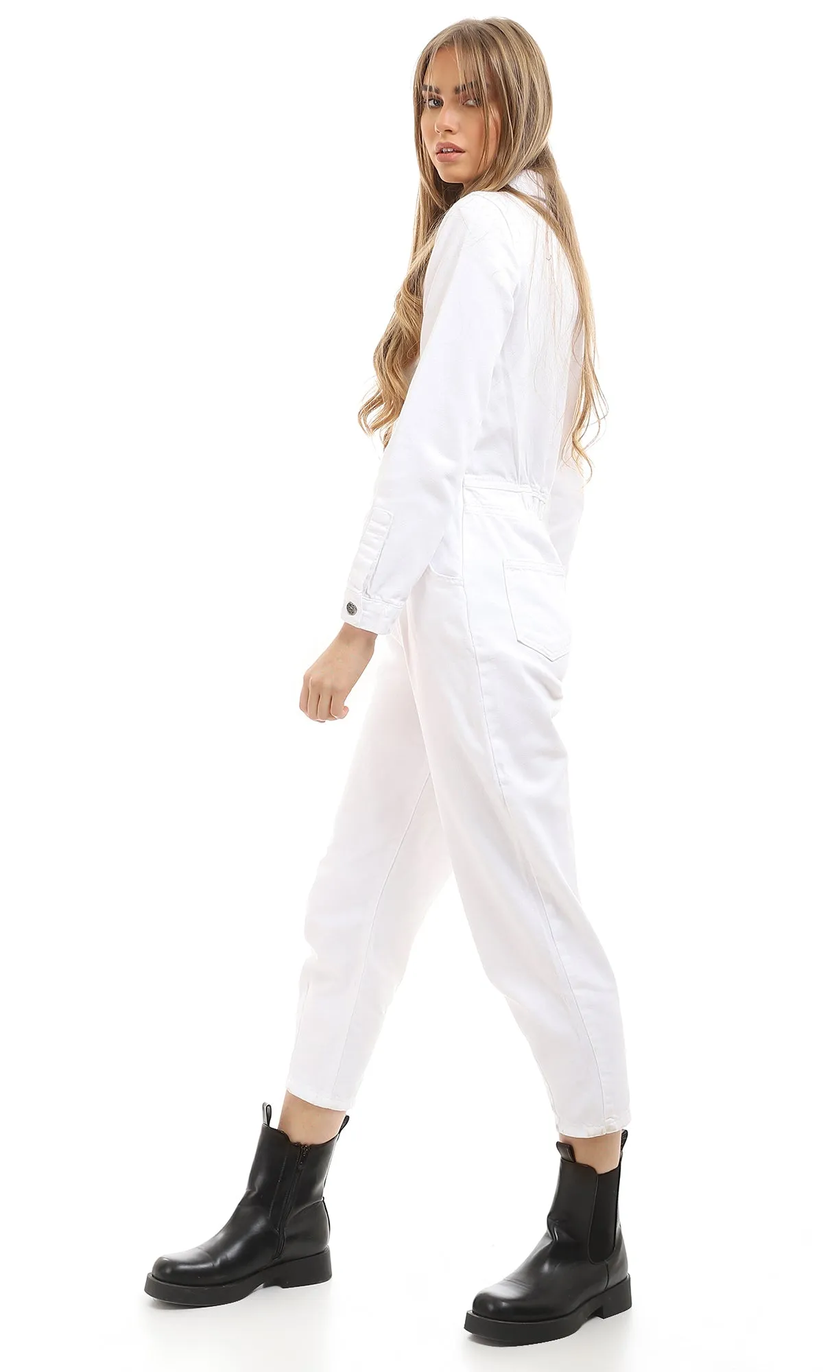 96156 Multi-Pockts Buttoned Long Sleeves White Denim Jumpsuit