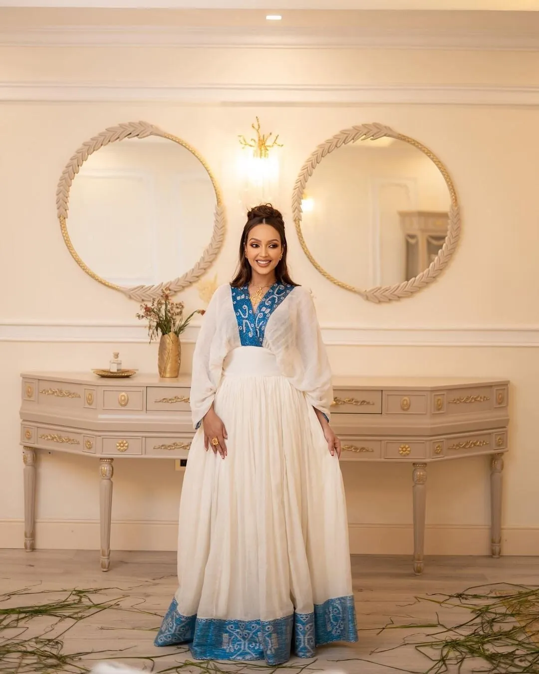 A Stunning Habesha kemis with Menen Fabric, Modern habesha dress, and Blue Tilf Designs, habesha libs, habesha kemis