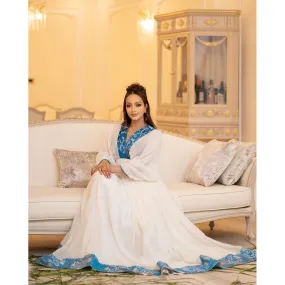 A Stunning Habesha kemis with Menen Fabric, Modern habesha dress, and Blue Tilf Designs, habesha libs, habesha kemis