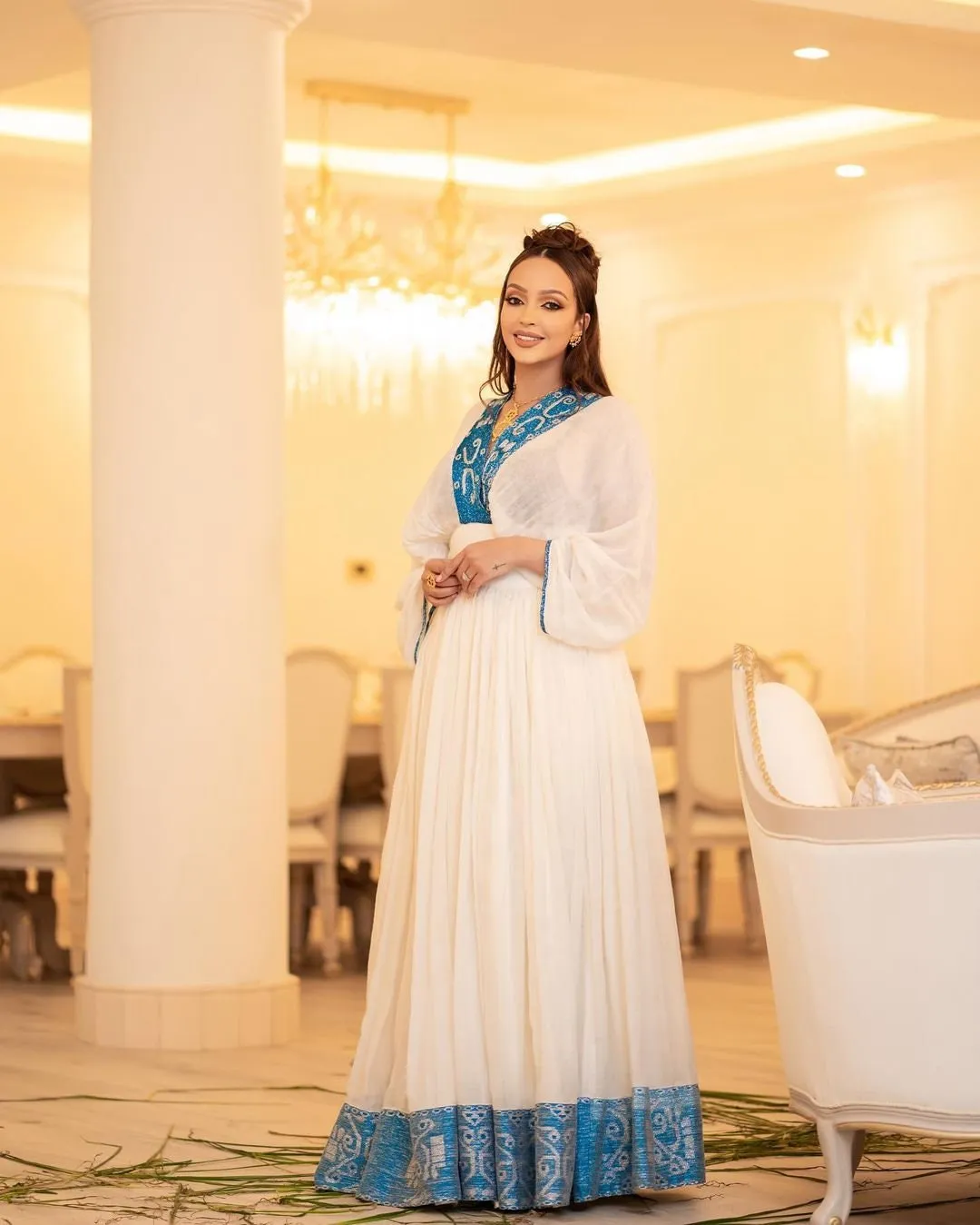 A Stunning Habesha kemis with Menen Fabric, Modern habesha dress, and Blue Tilf Designs, habesha libs, habesha kemis