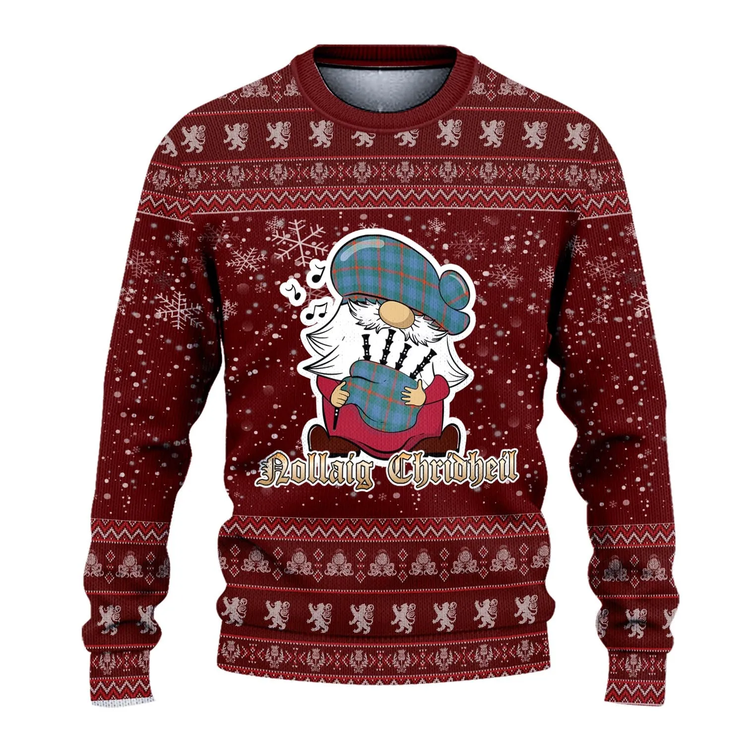 Agnew Ancient Clan Christmas Family Ugly Sweater with Funny Gnome Playing Bagpipes