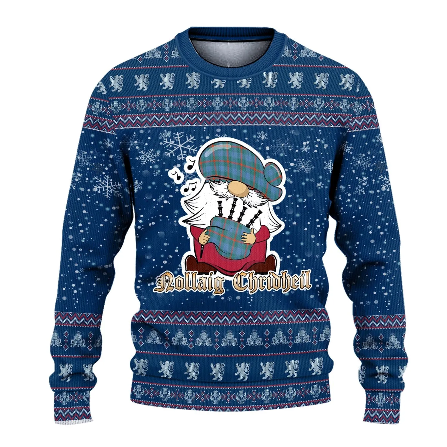 Agnew Ancient Clan Christmas Family Ugly Sweater with Funny Gnome Playing Bagpipes