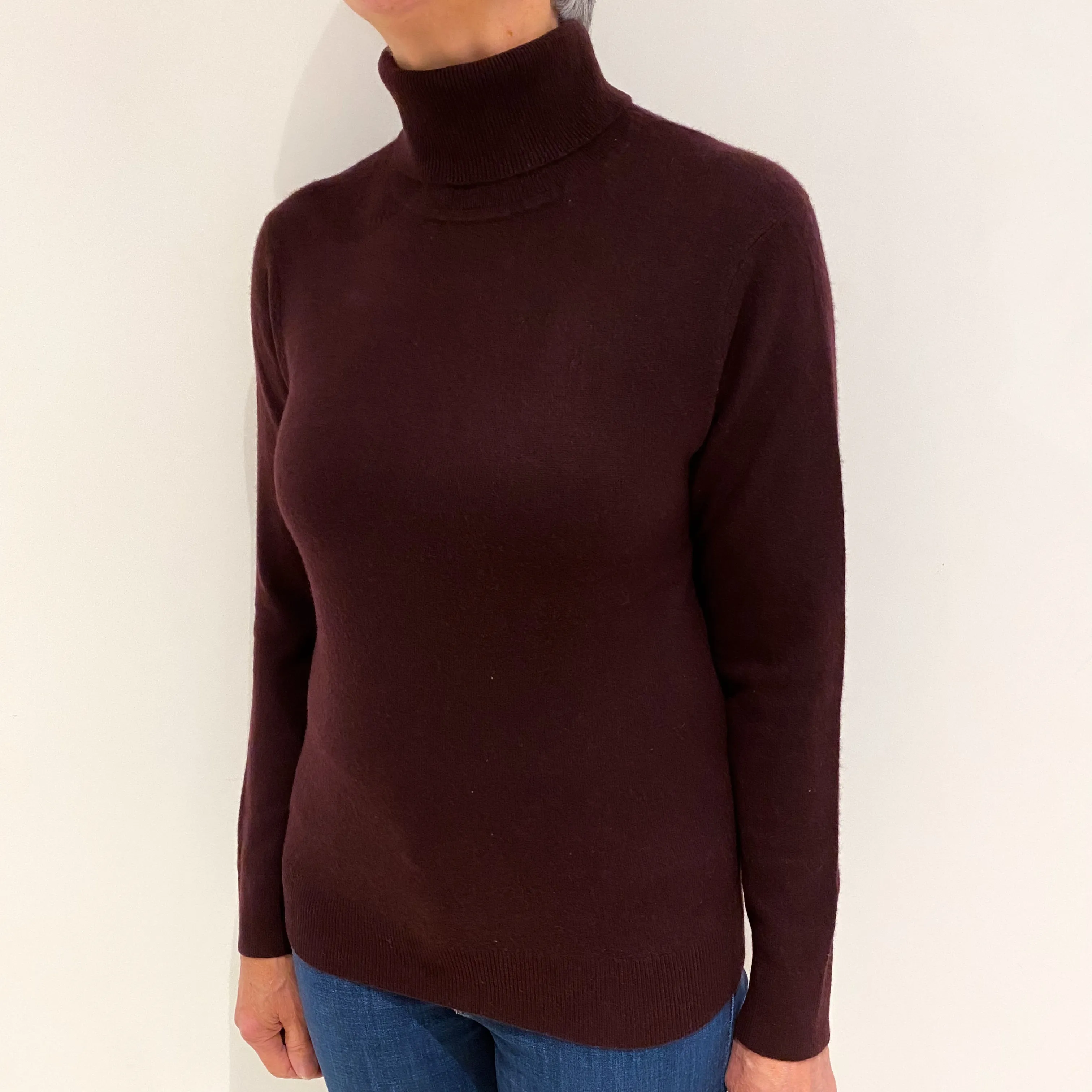 Aubergine Purple Cashmere Polo Neck Jumper Medium