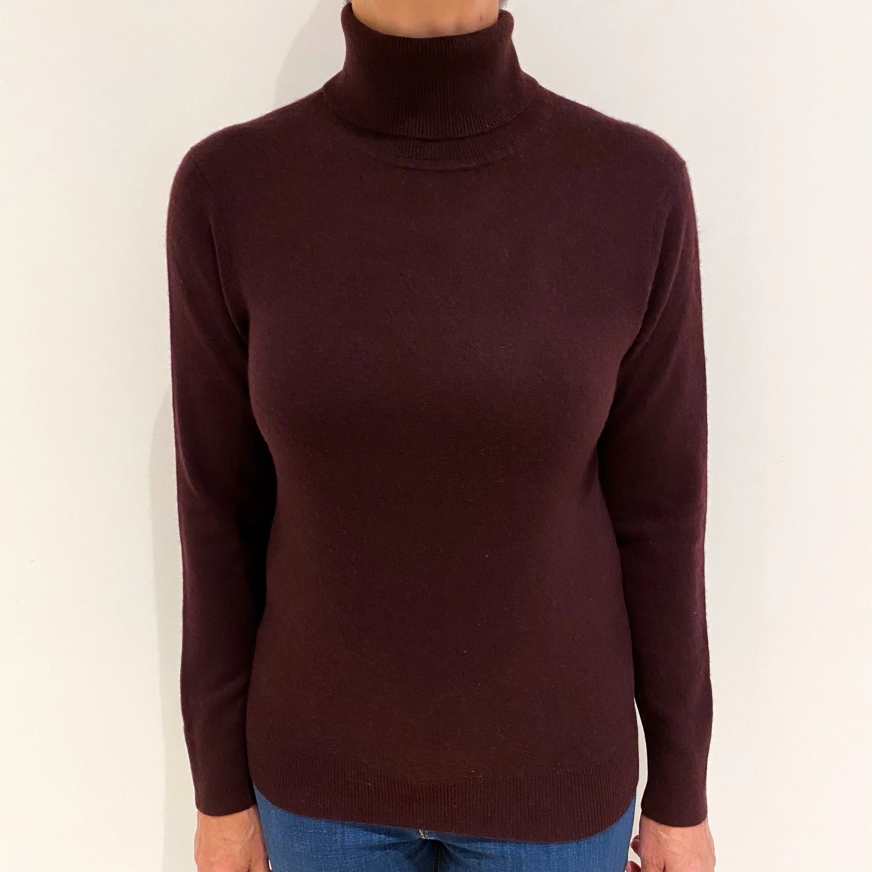 Aubergine Purple Cashmere Polo Neck Jumper Medium