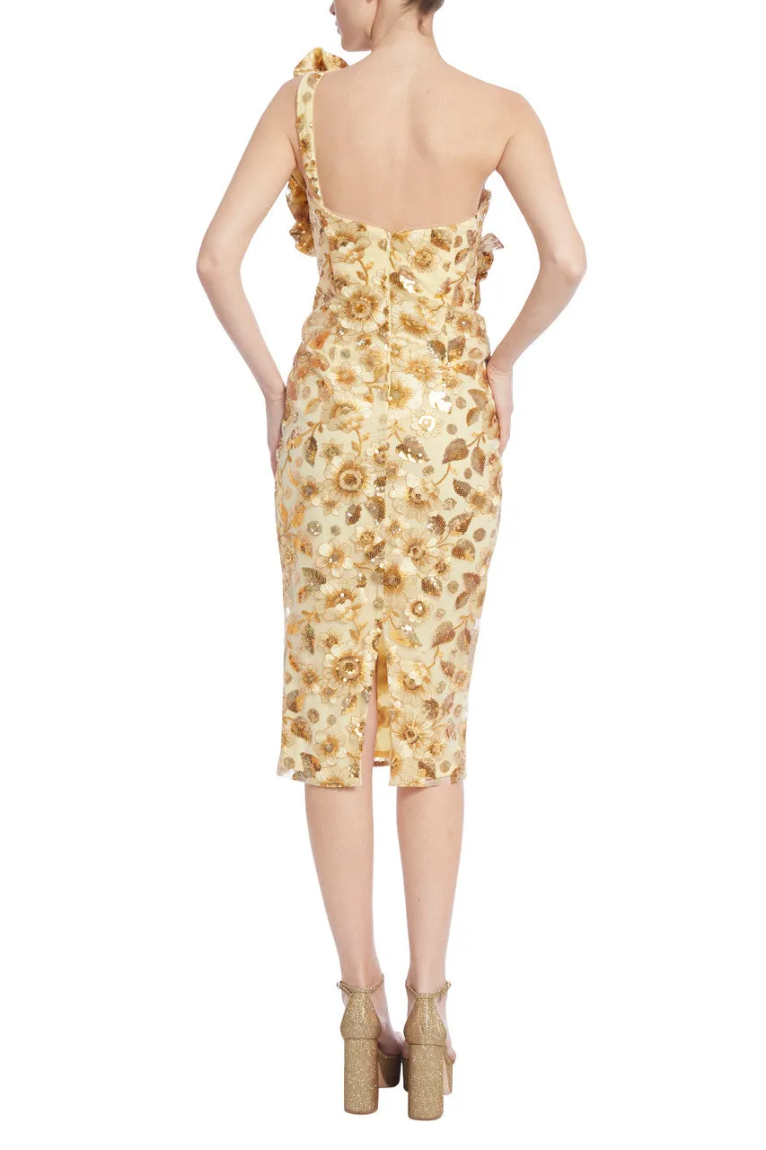 Badgley Mischka One-Shoulder Embellished Midi Dress