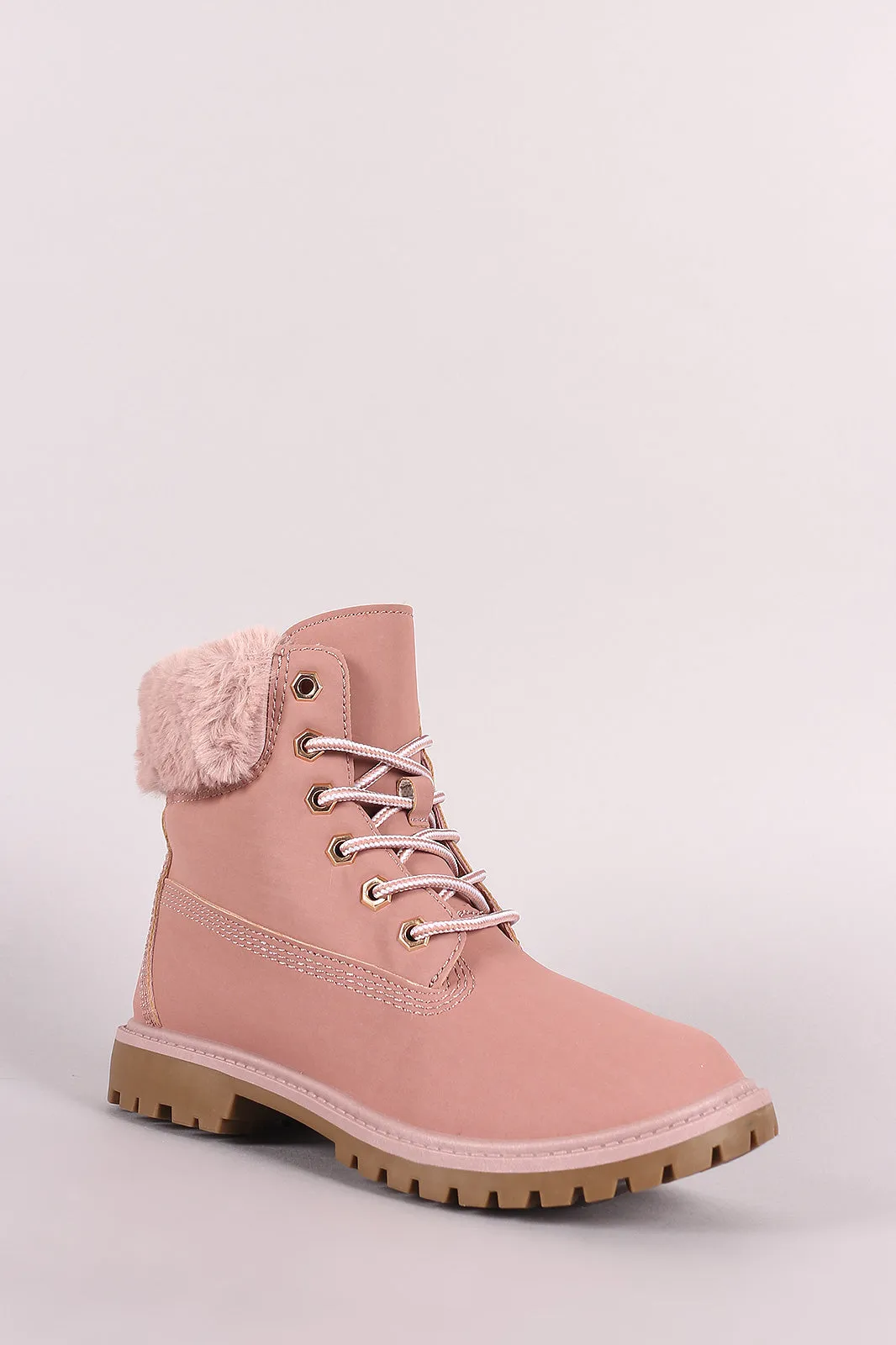 Bamboo Faux Fur Cuff Lace Up Ankle Boots