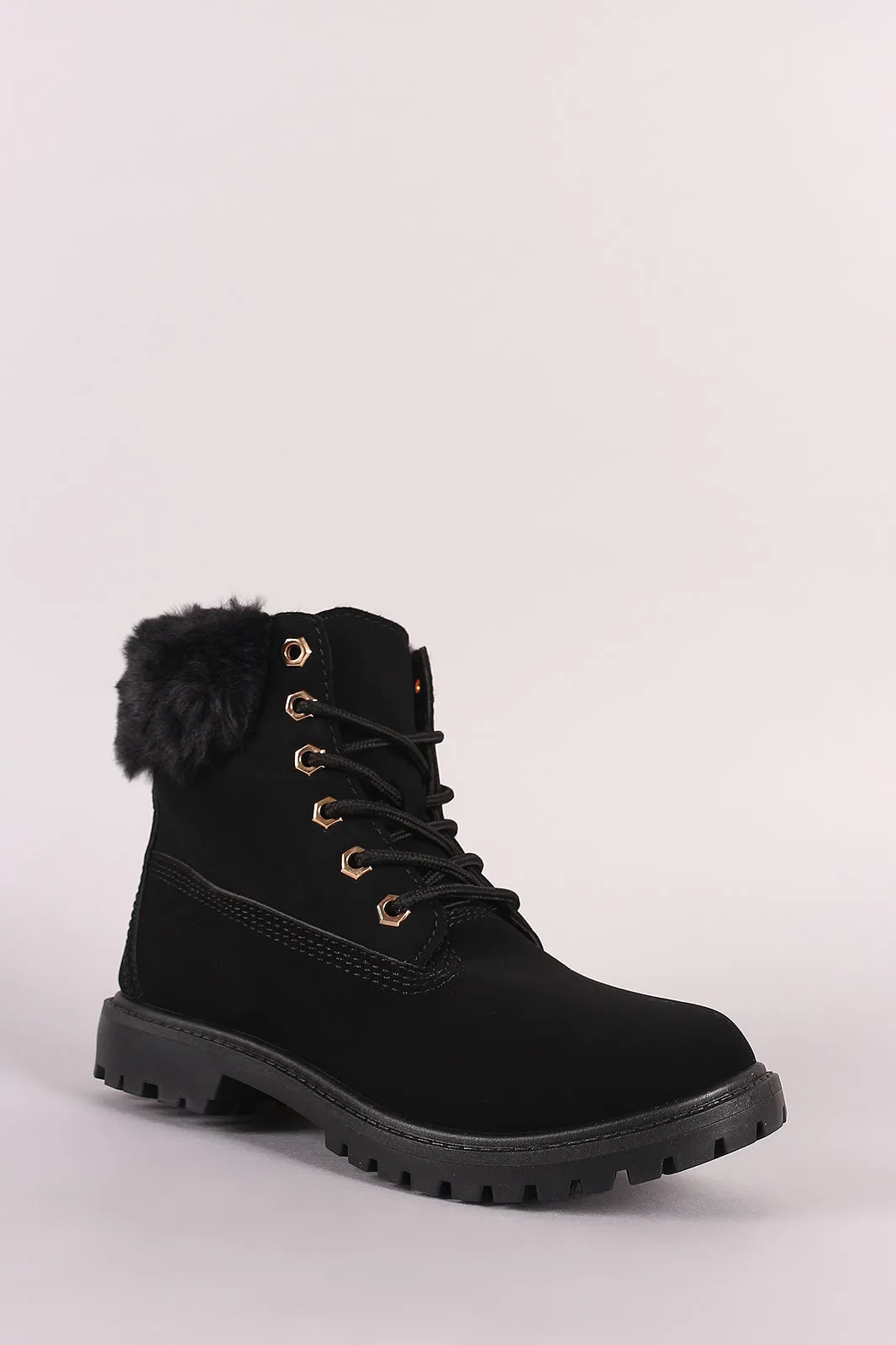 Bamboo Faux Fur Cuff Lace Up Ankle Boots