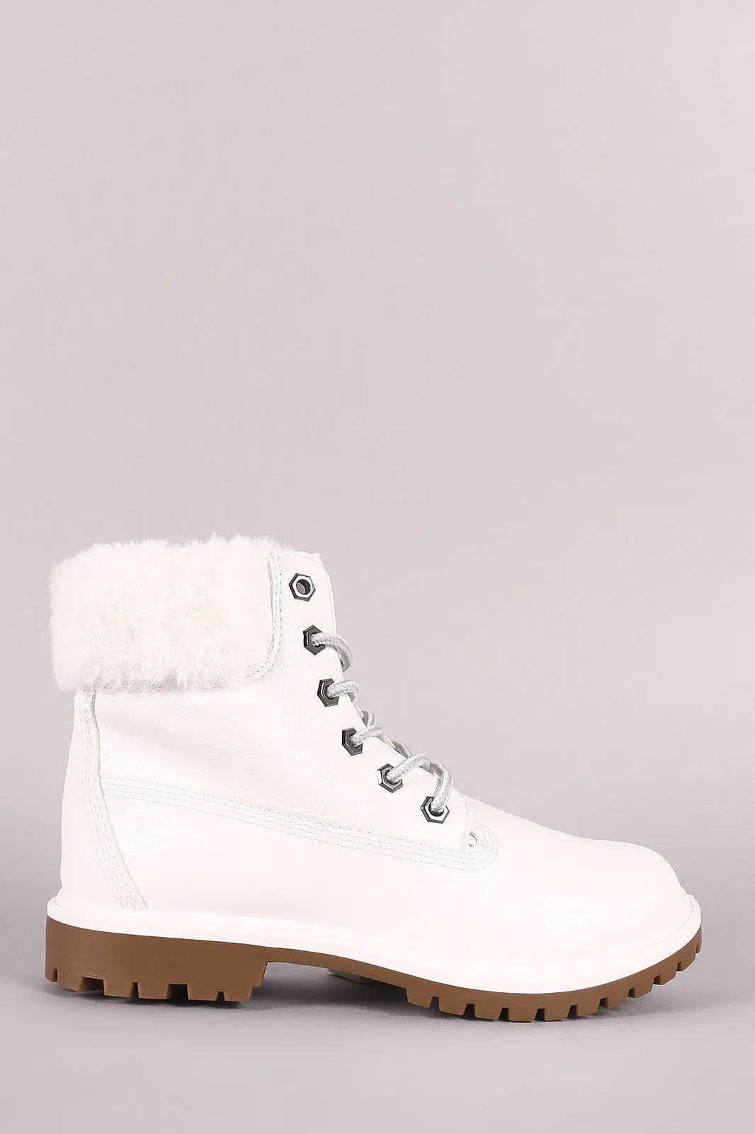 Bamboo Faux Fur Cuff Lace Up Ankle Boots