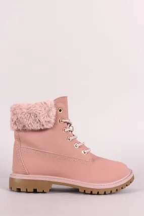 Bamboo Faux Fur Cuff Lace Up Ankle Boots