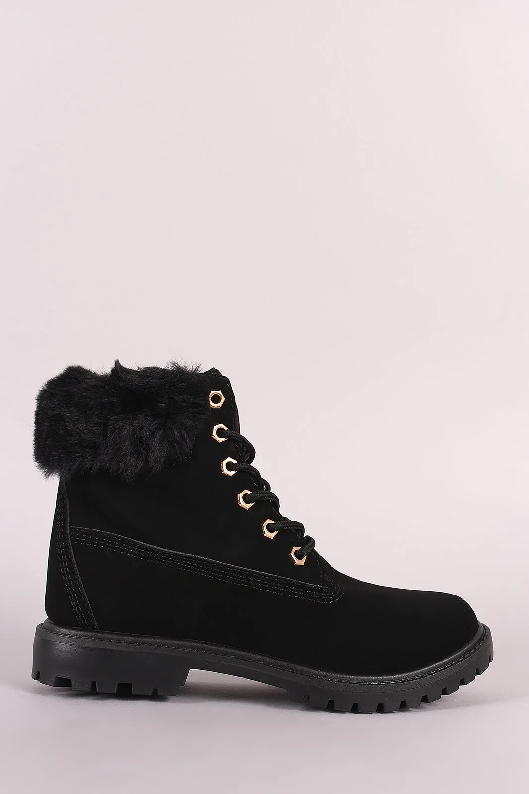 Bamboo Faux Fur Cuff Lace Up Ankle Boots