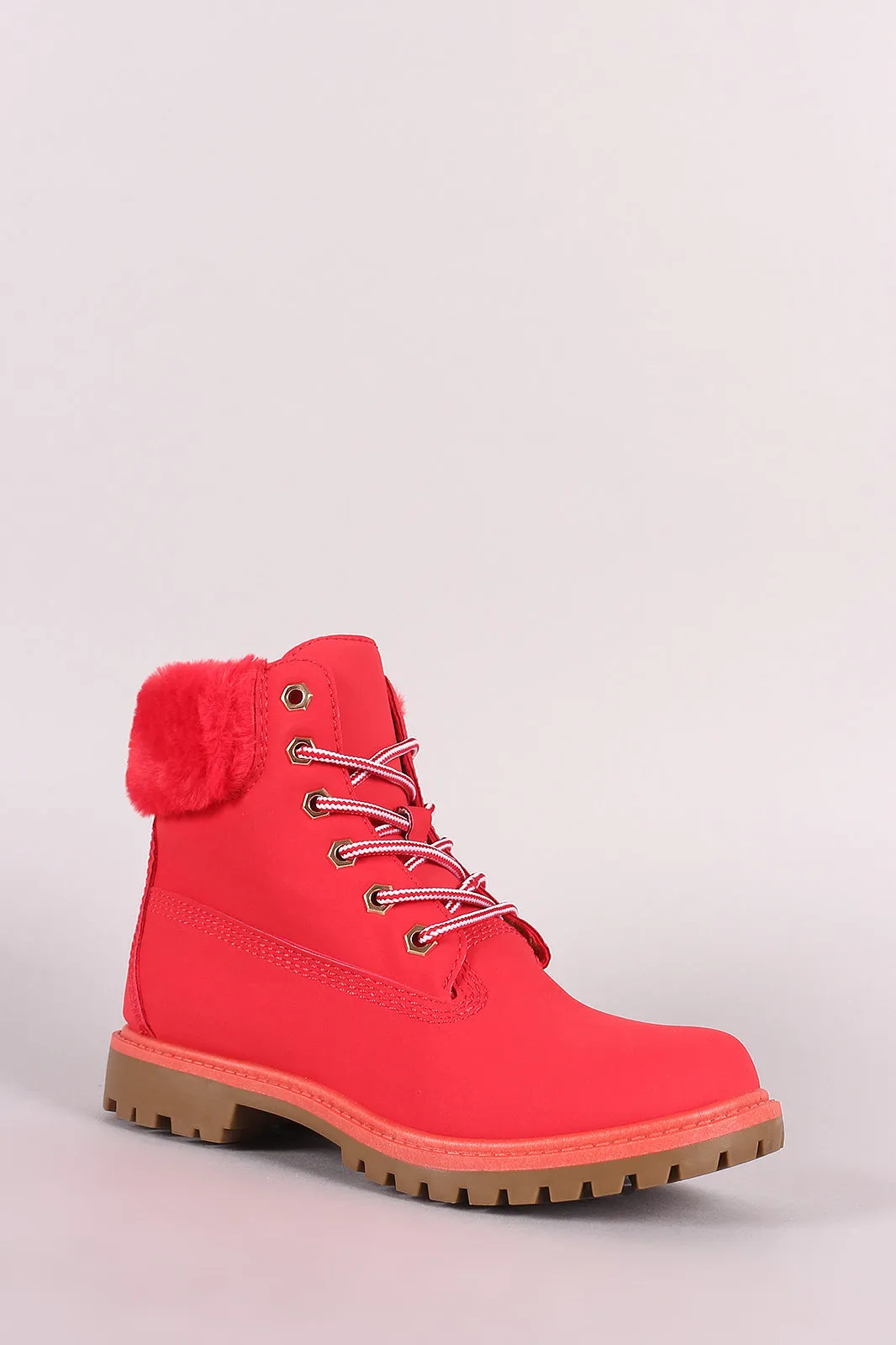 Bamboo Faux Fur Cuff Lace Up Ankle Boots