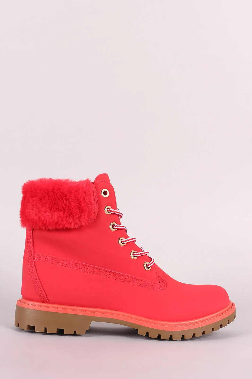 Bamboo Faux Fur Cuff Lace Up Ankle Boots