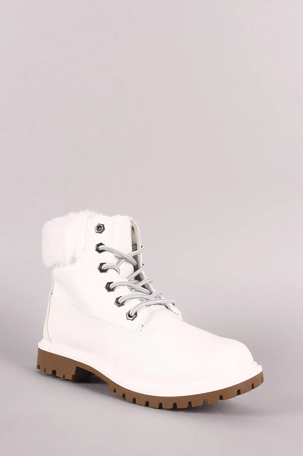 Bamboo Faux Fur Cuff Lace Up Ankle Boots