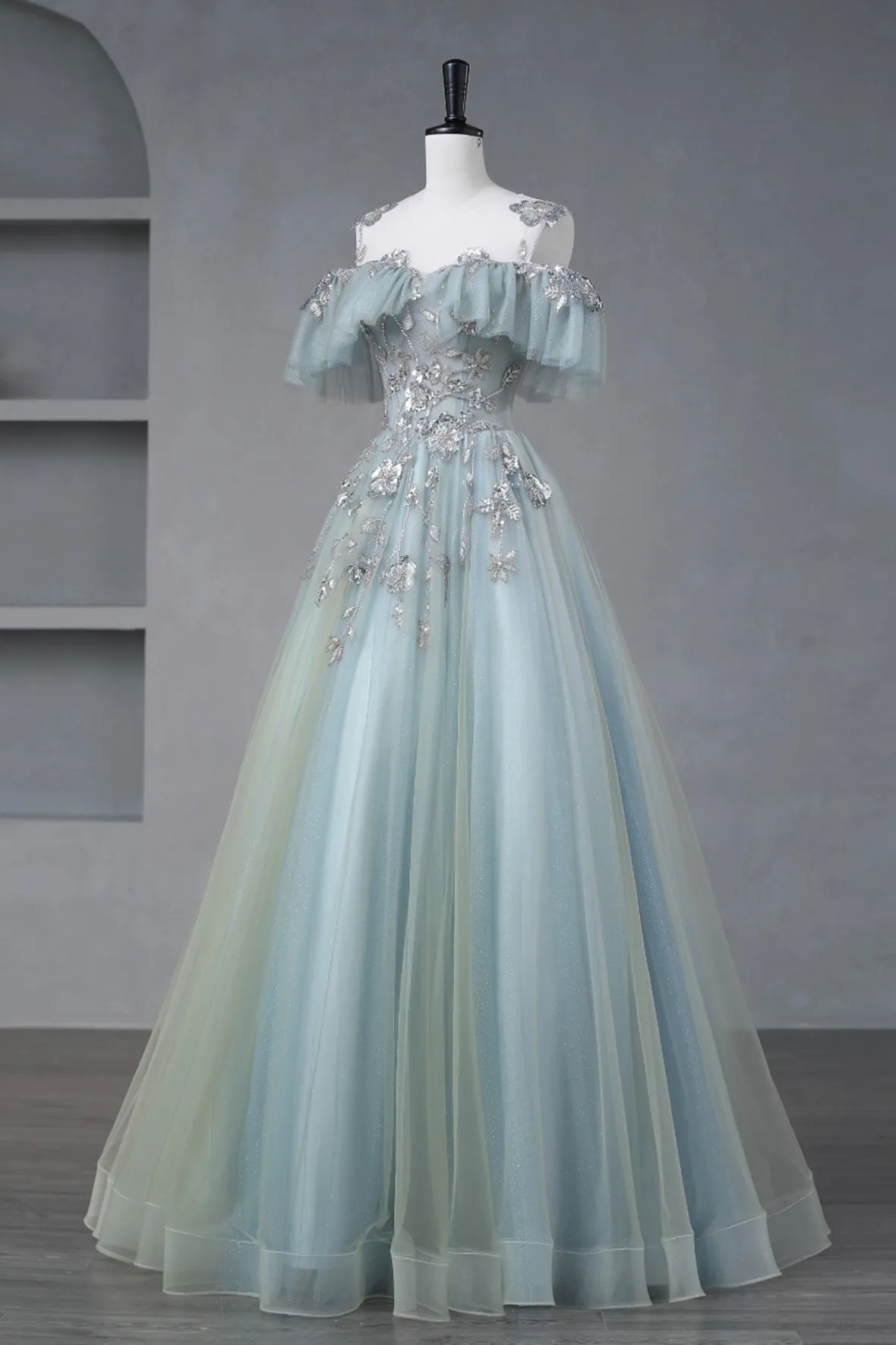 Beautiful Tulle Sequins Long Prom Dresses, Off the Shoulder Princess Party Dresses