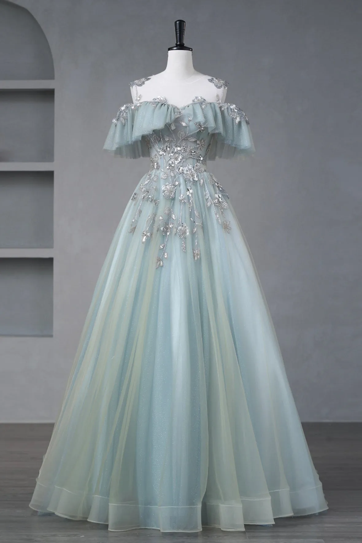Beautiful Tulle Sequins Long Prom Dresses, Off the Shoulder Princess Party Dresses