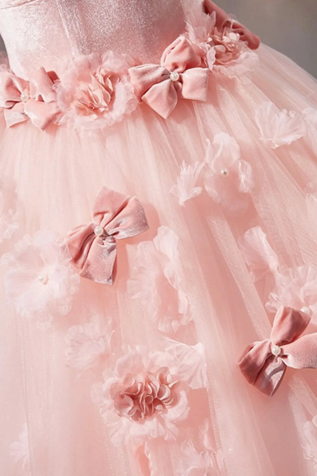 Beautiful Velvet Tulle A-Line Prom Dress with Flowers, Pink Strapless Evening Sweet 16 Dress