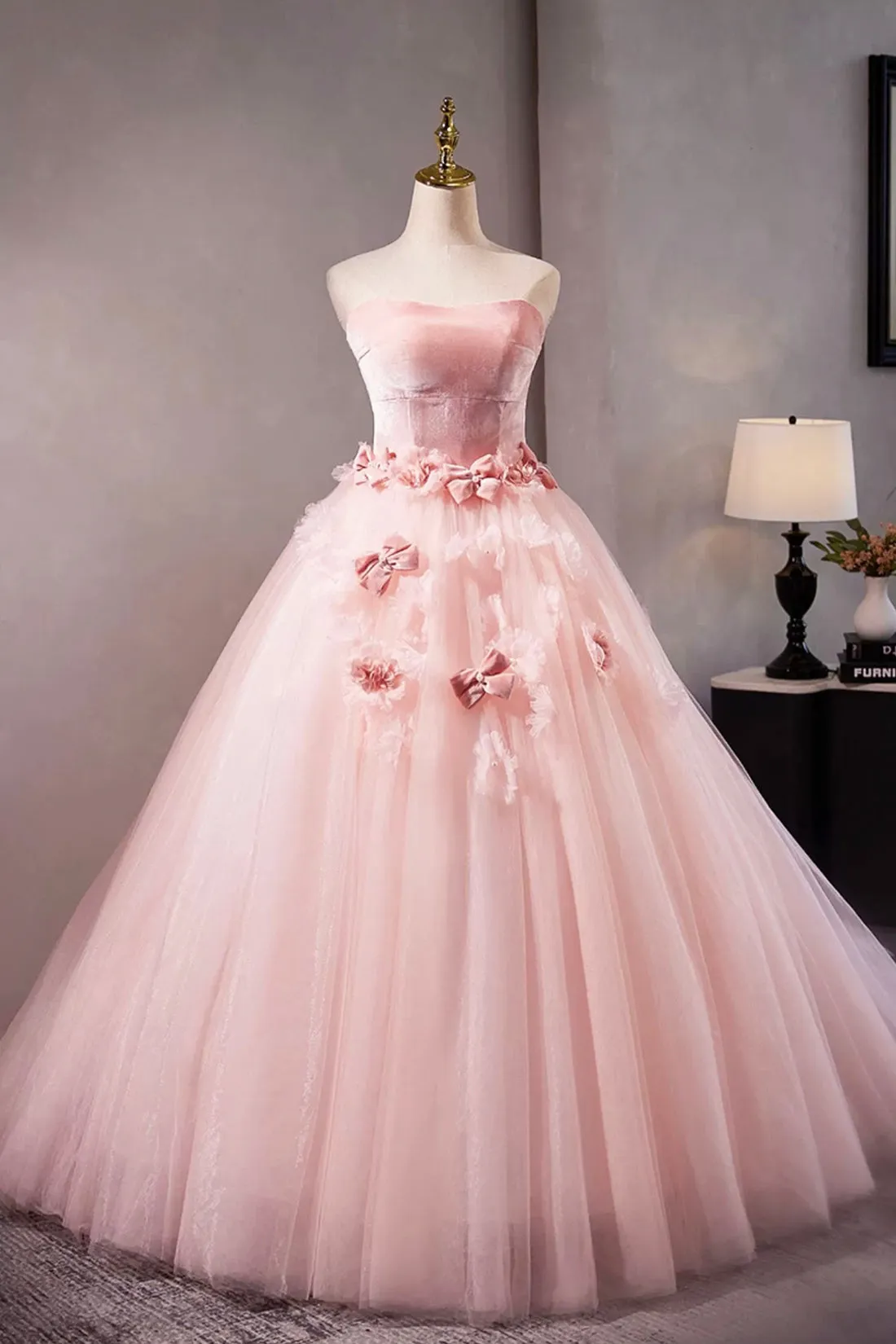 Beautiful Velvet Tulle A-Line Prom Dress with Flowers, Pink Strapless Evening Sweet 16 Dress