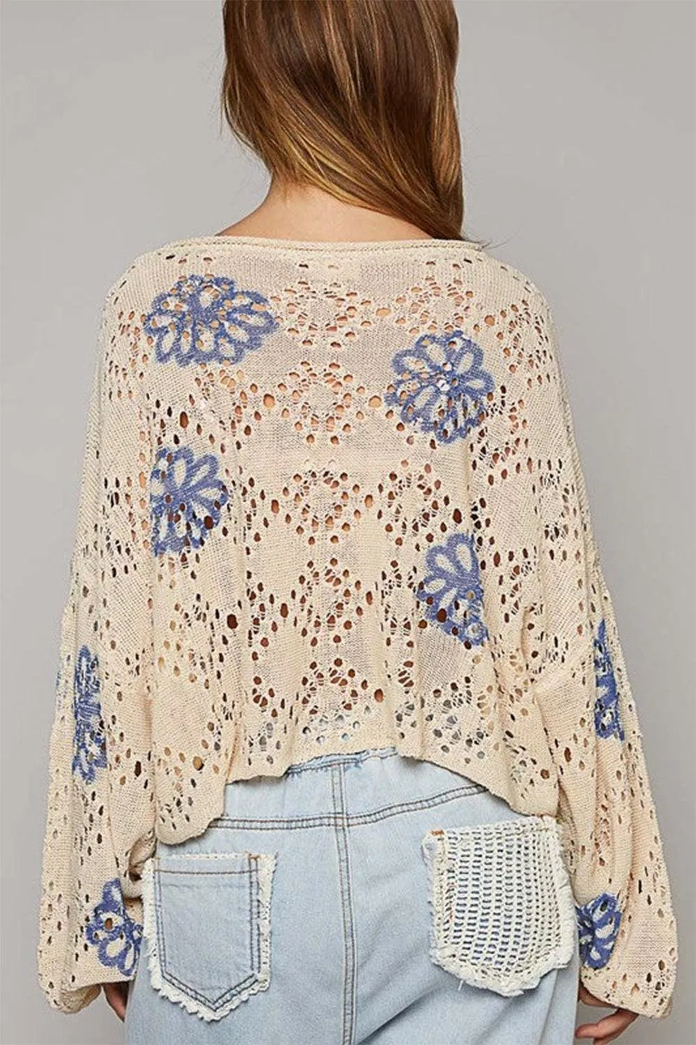 Beige Flower Print Drop Shoulder Hollow Knit Sweater