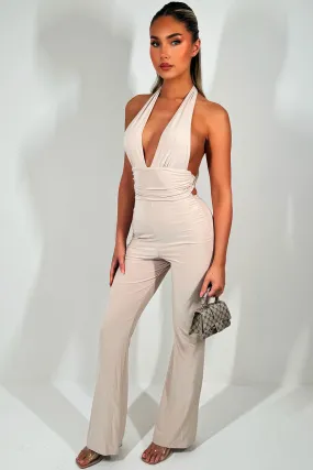 Beige Halterneck Backless Jumpsuit