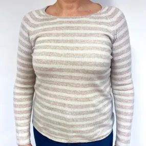 Beige Striped Cashmere Crew Neck Jumper Large