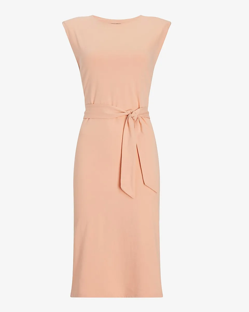 Belted Padded Shoulder T-Shirt Midi Dress in Golden Peach