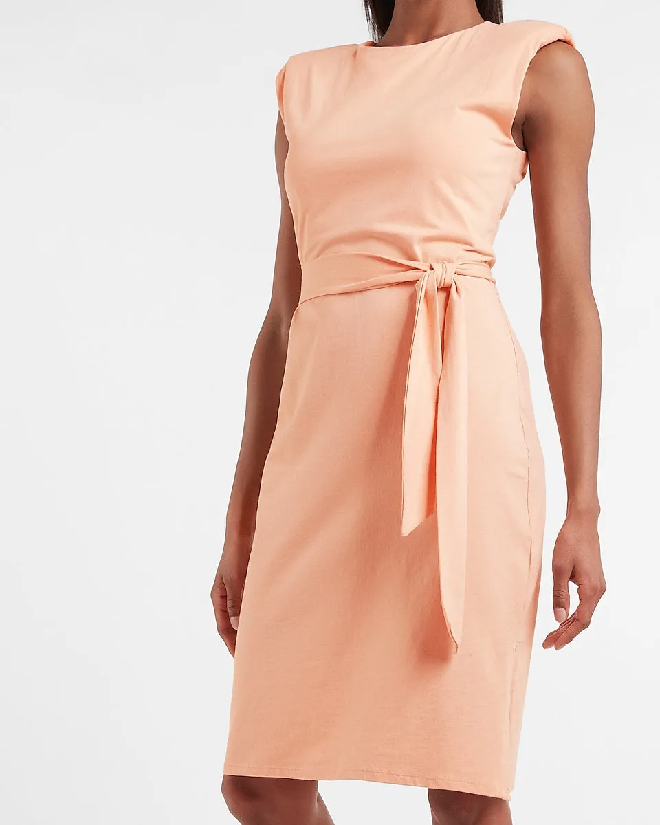 Belted Padded Shoulder T-Shirt Midi Dress in Golden Peach