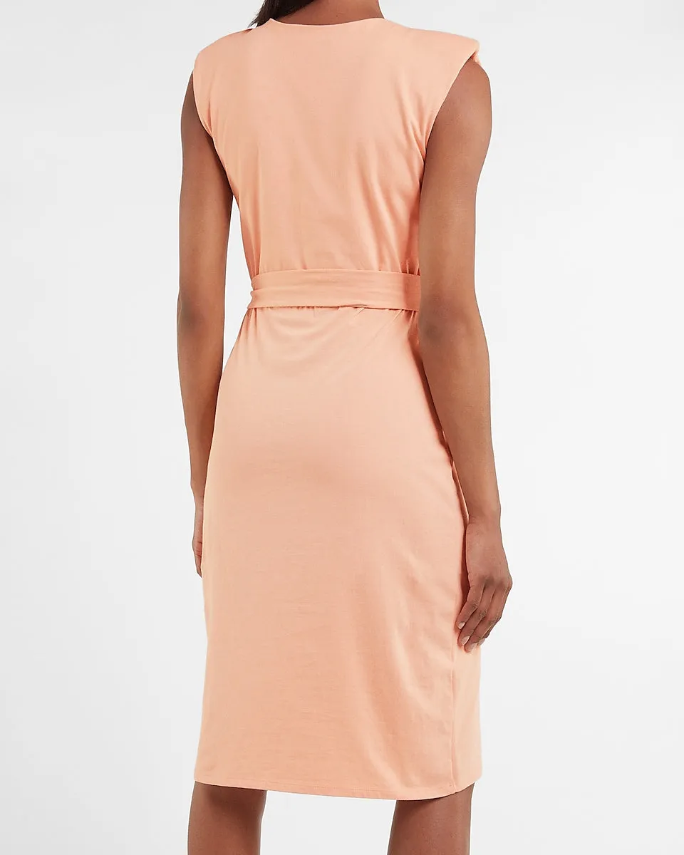 Belted Padded Shoulder T-Shirt Midi Dress in Golden Peach