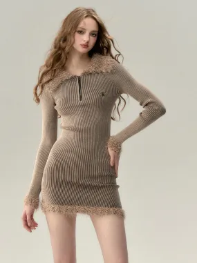 Big Fur Collar Knit Dress