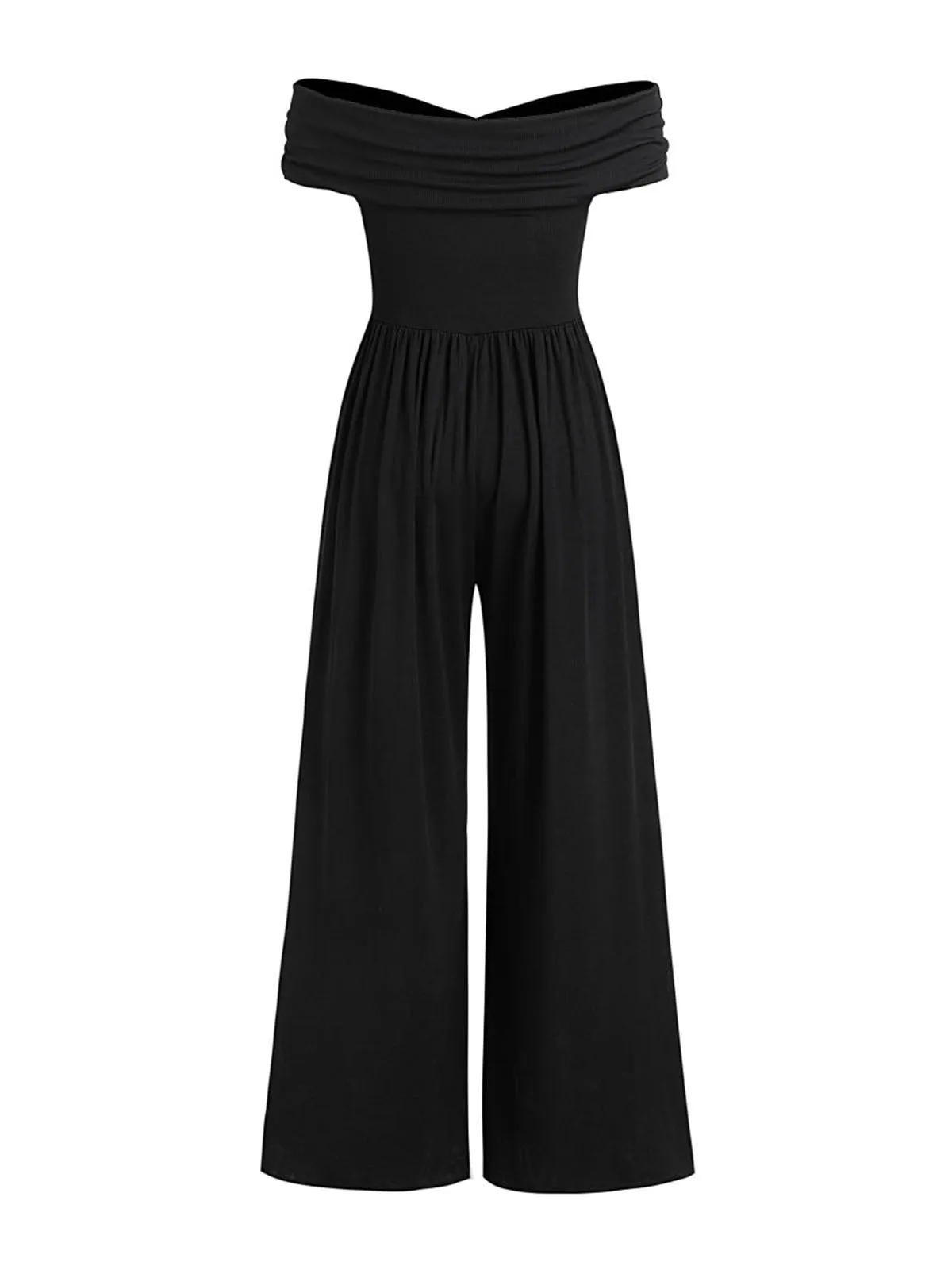 Black 1960s Solid Off-Shoulder Pleated Jumpsuit