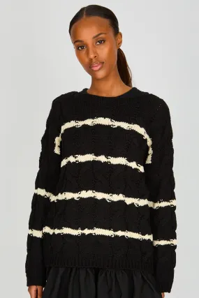 Black and white striped cable knit jumper