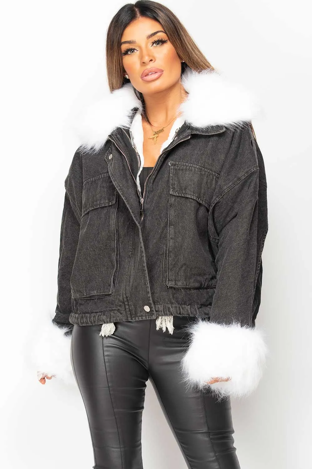 Black Denim Oversized Jacket With White Faux Fur
