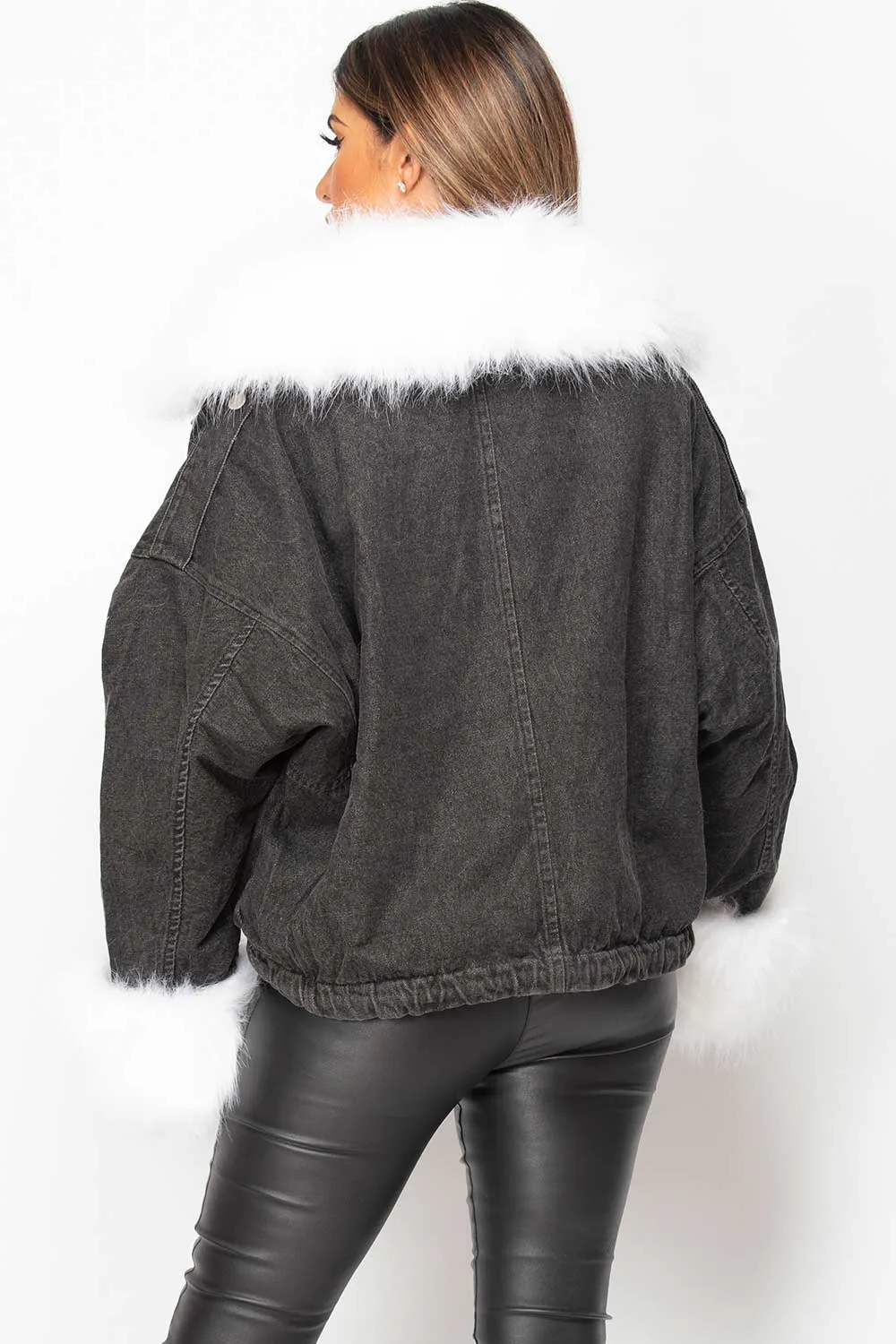 Black Denim Oversized Jacket With White Faux Fur
