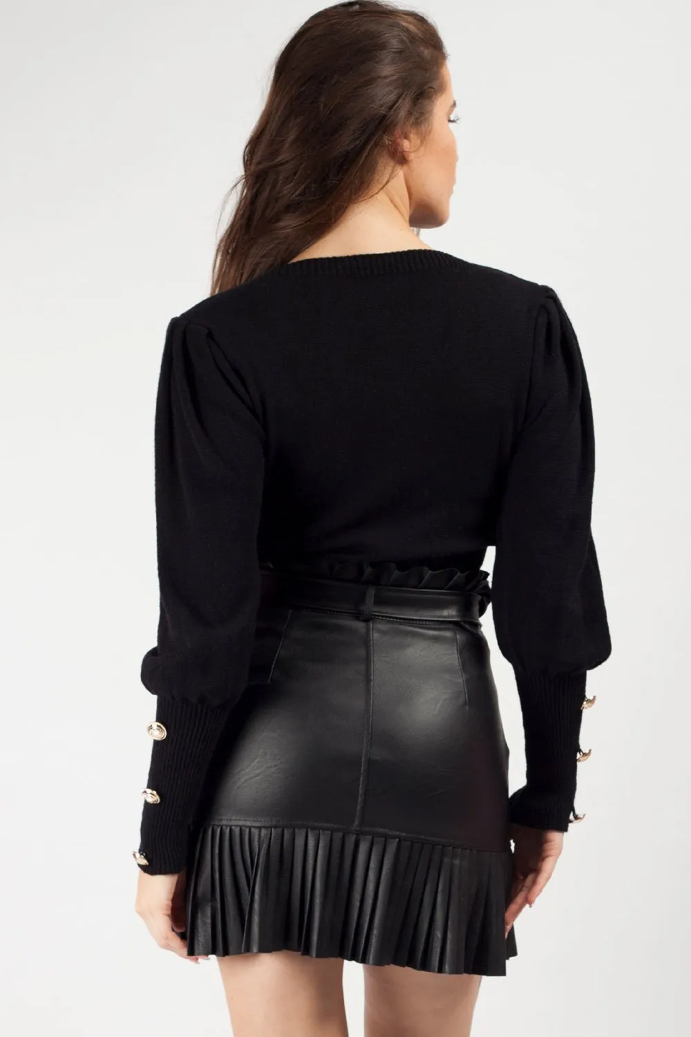 Black Puff Sleeve Jumper With Gold Button Detail