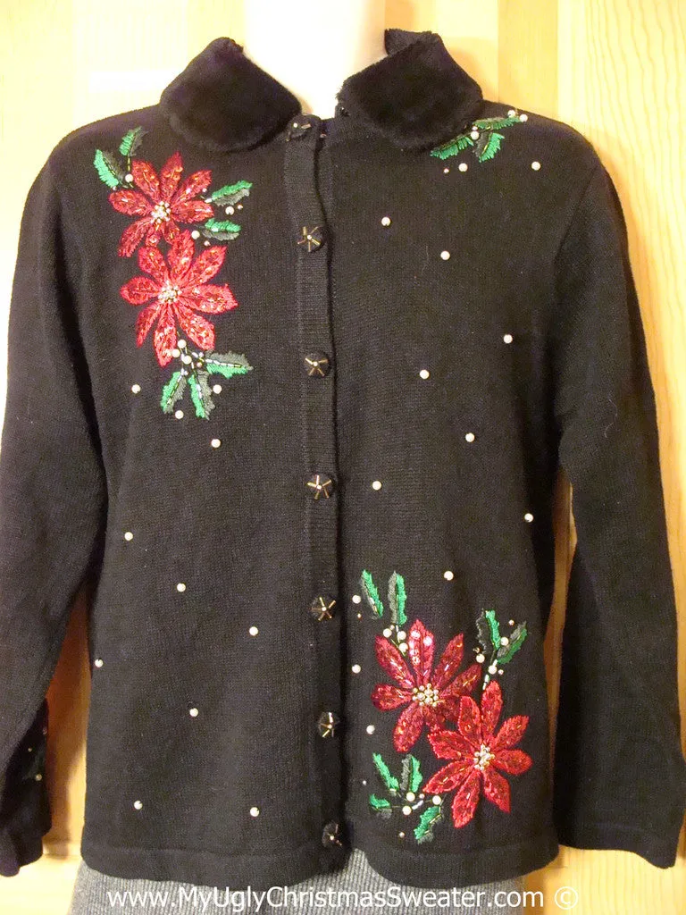 Black Tacky Christmas Sweater with Poinsettias and Furry Collar (f1339)