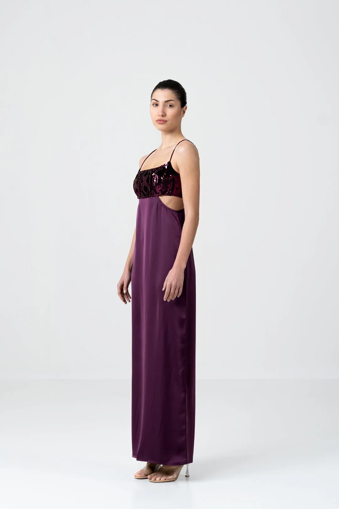 BLACKBERRY VELVET SEQUIN CUTOUT DRESS