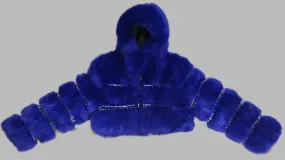 BLUE STEEL-Royal Blue cropped hooded faux fur coat embellished with rhinestone chains