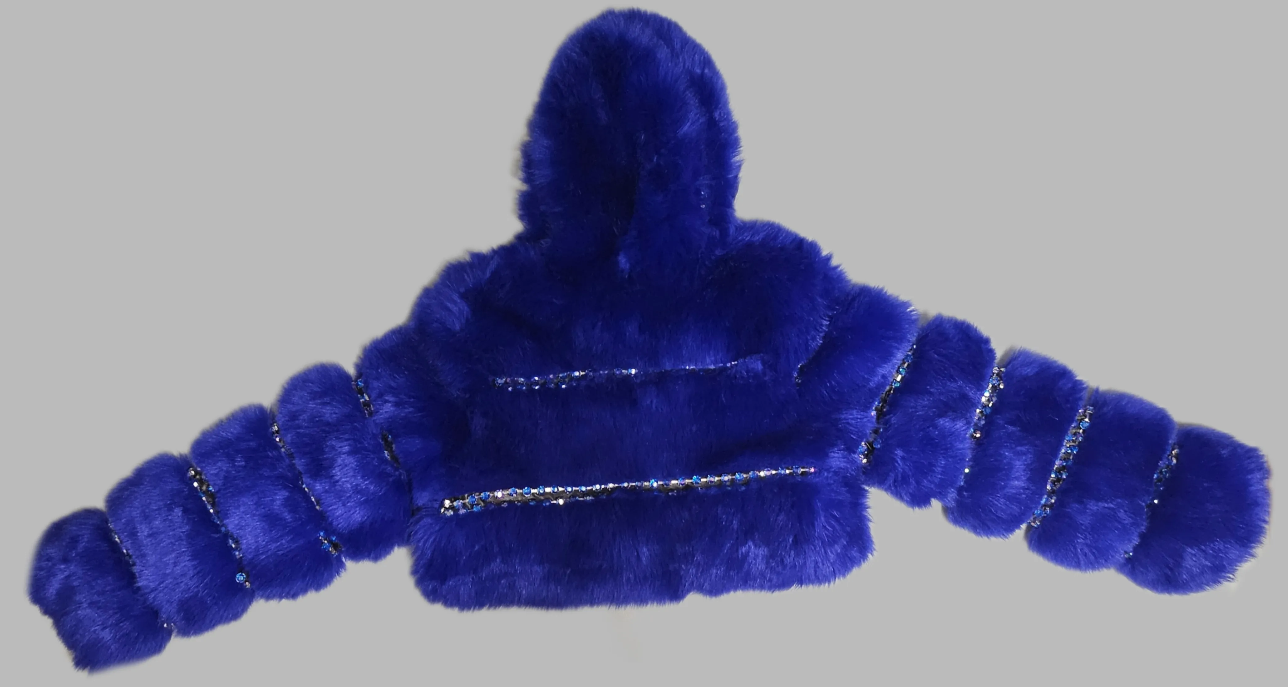 BLUE STEEL-Royal Blue cropped hooded faux fur coat embellished with rhinestone chains