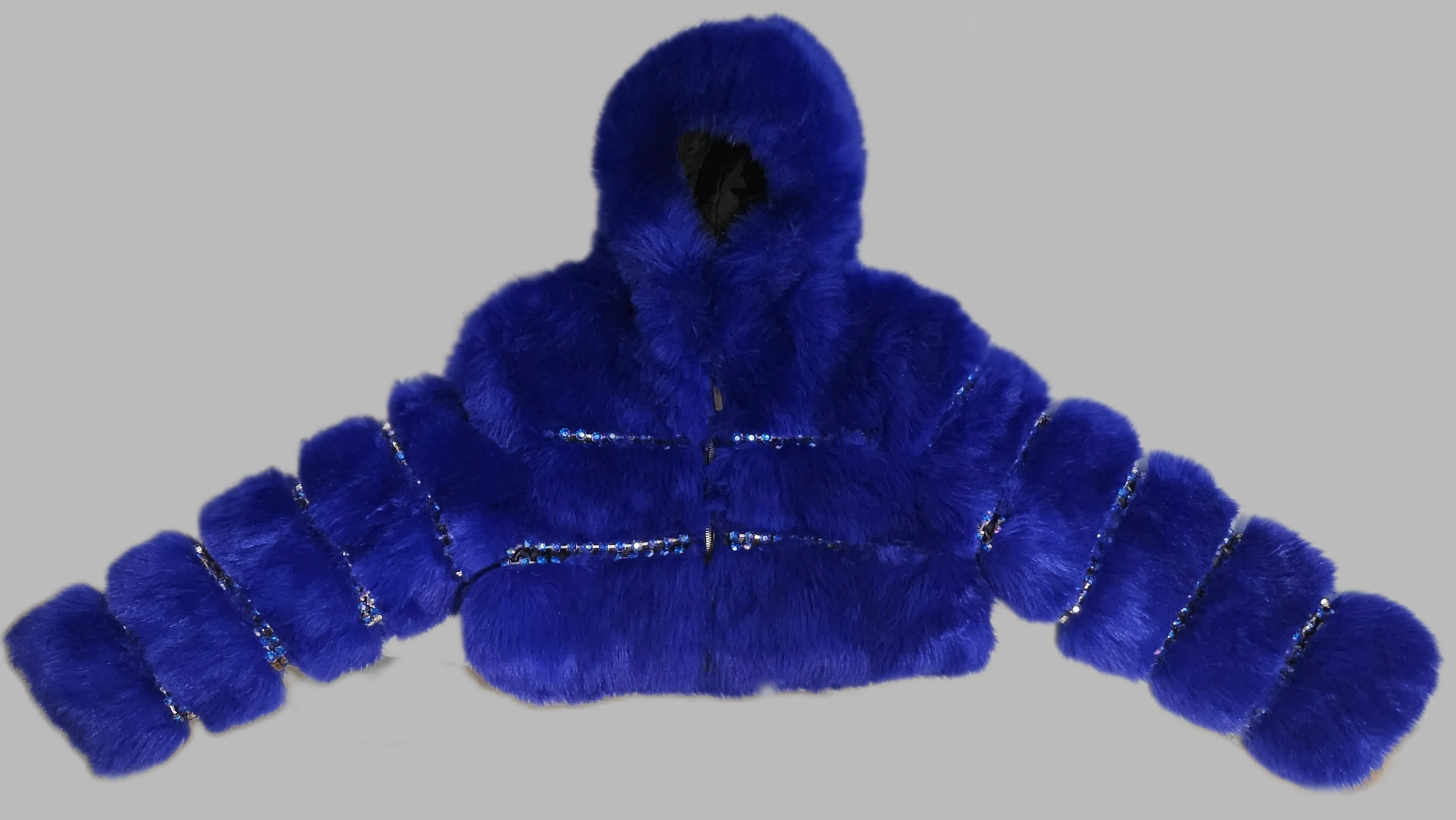 BLUE STEEL-Royal Blue cropped hooded faux fur coat embellished with rhinestone chains