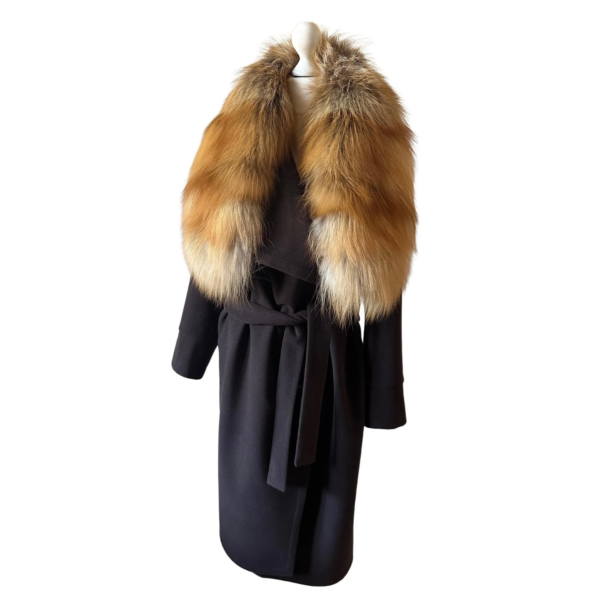 Brown Wrap Elegant Women coat, Long Belted Feminine Overcoat Trim Fox Fur, Woolen blend Coat Wrap