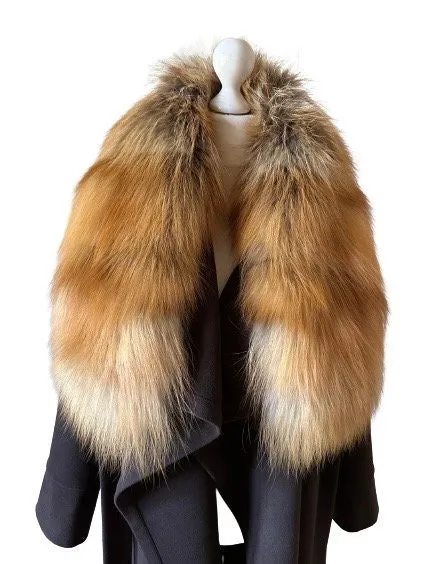 Brown Wrap Elegant Women coat, Long Belted Feminine Overcoat Trim Fox Fur, Woolen blend Coat Wrap