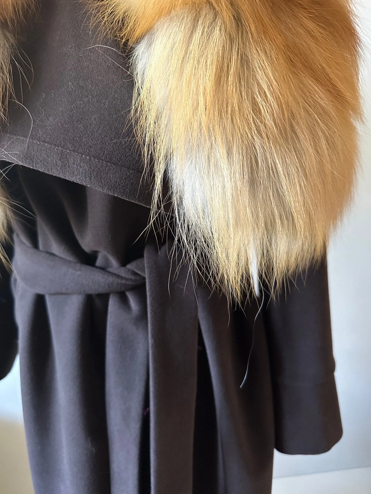 Brown Wrap Elegant Women coat, Long Belted Feminine Overcoat Trim Fox Fur, Woolen blend Coat Wrap