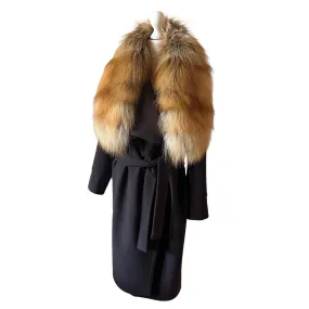 Brown Wrap Elegant Women coat, Long Belted Feminine Overcoat Trim Fox Fur, Woolen blend Coat Wrap