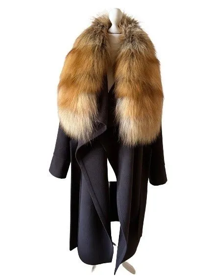 Brown Wrap Elegant Women coat, Long Belted Feminine Overcoat Trim Fox Fur, Woolen blend Coat Wrap