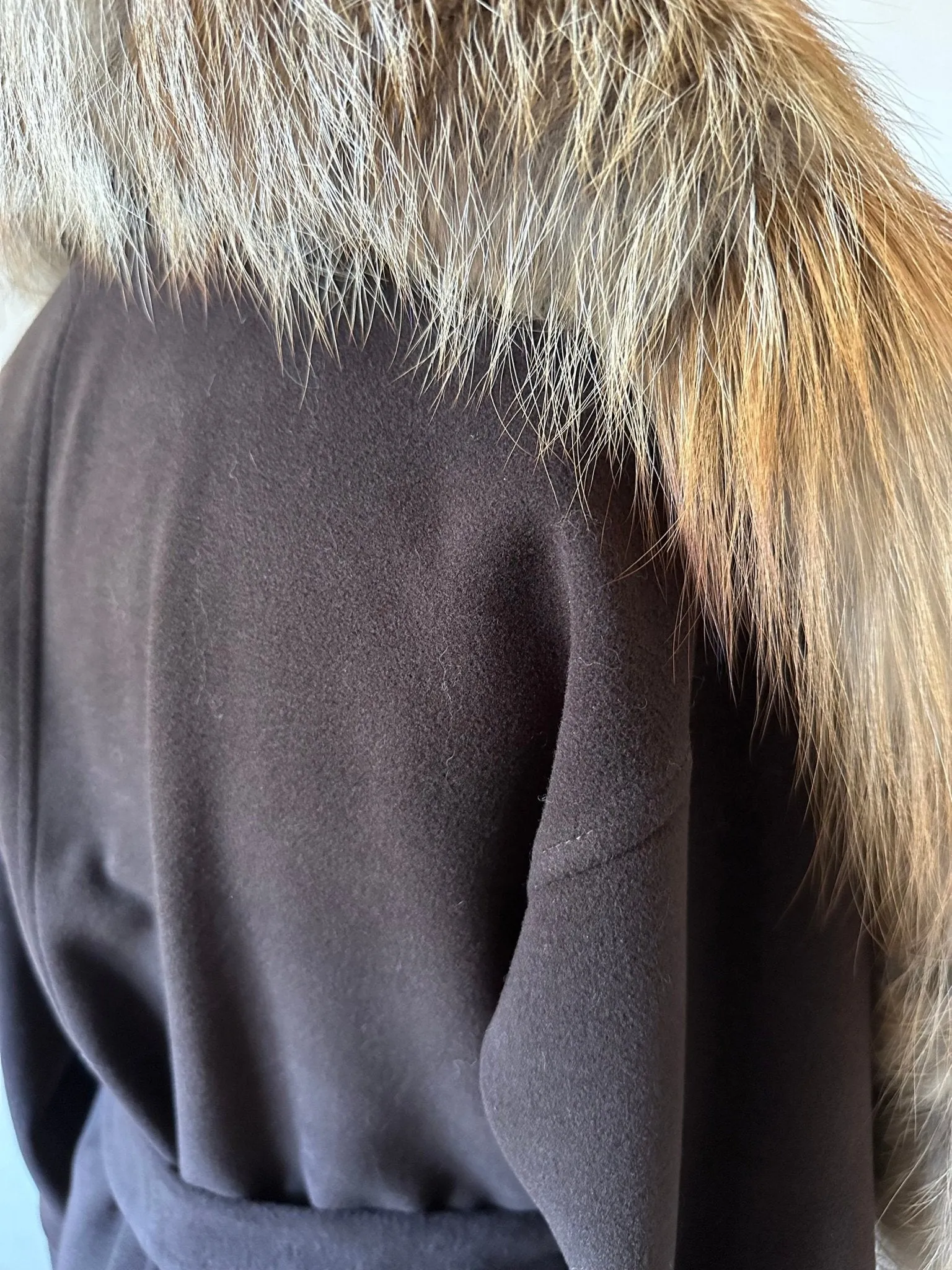 Brown Wrap Elegant Women coat, Long Belted Feminine Overcoat Trim Fox Fur, Woolen blend Coat Wrap