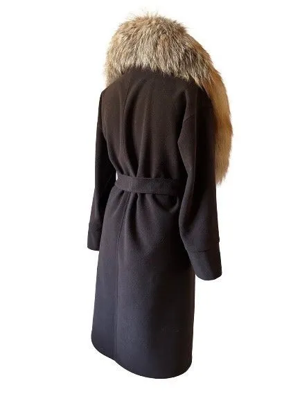 Brown Wrap Elegant Women coat, Long Belted Feminine Overcoat Trim Fox Fur, Woolen blend Coat Wrap